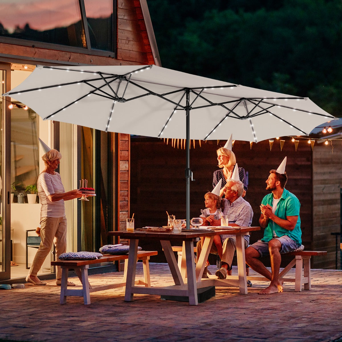 450cm Double-Sided Patio Umbrella with Solar Lights-Beige