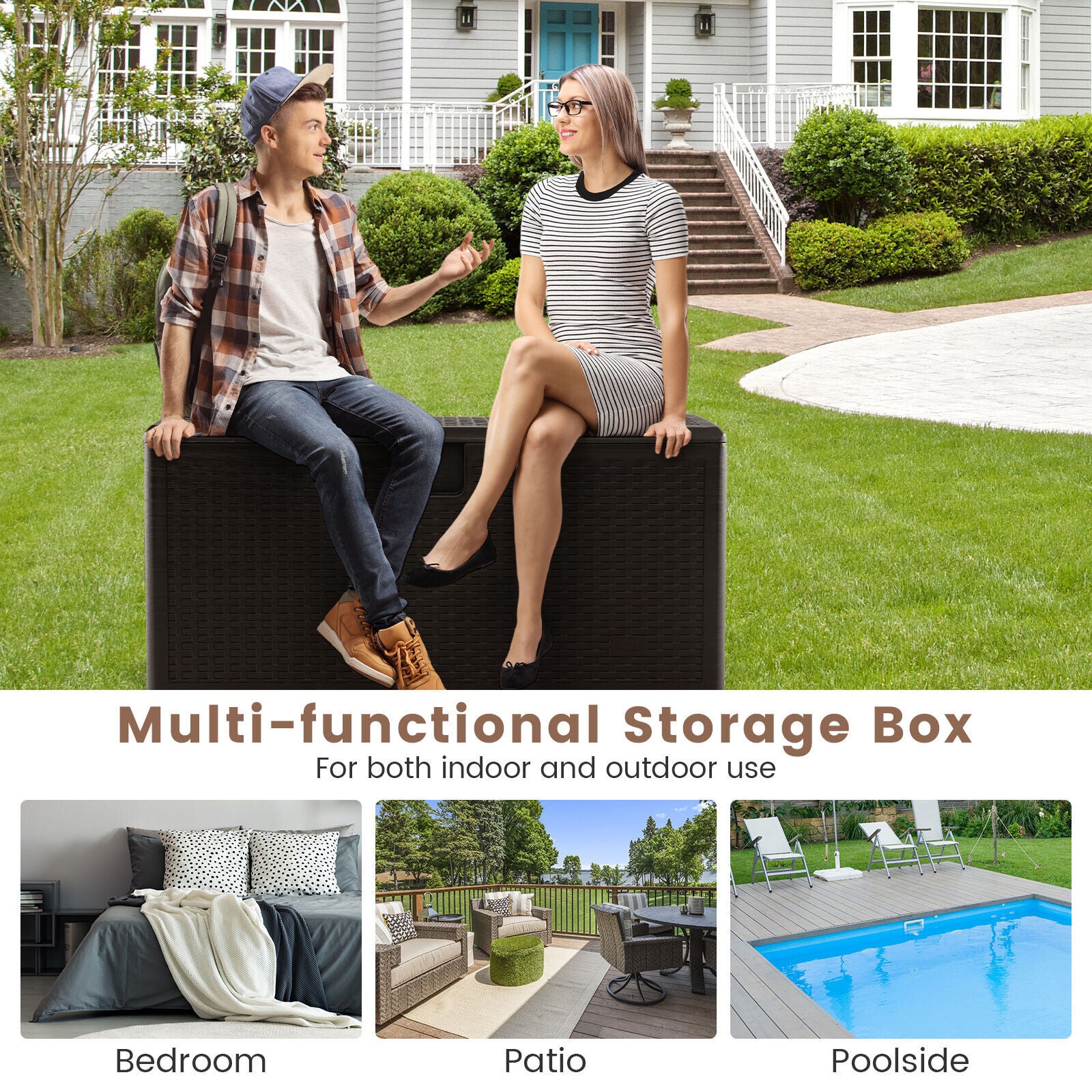 454L Large Weather-resistant Resin Deck Box with Lock Lid-Brown