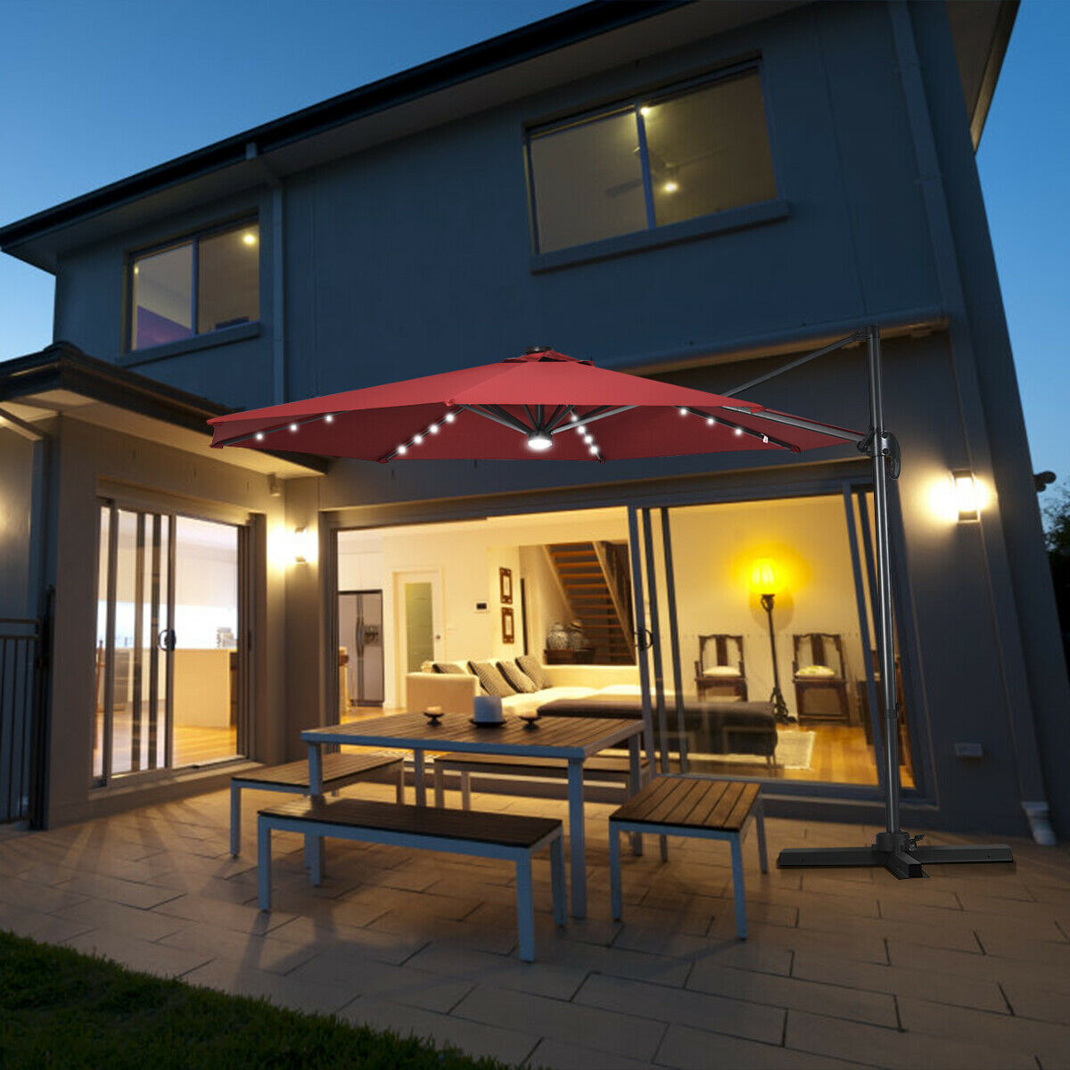 3M Outdoor Parasol Patio Cantilever Umbrella with Solar Lights-Wine