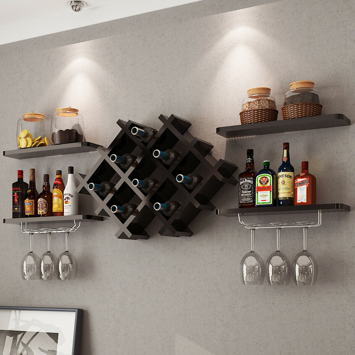 Floating Wall Mounted Wine Rack with Four Separate Shelves, 2 with Glass Storage-Black