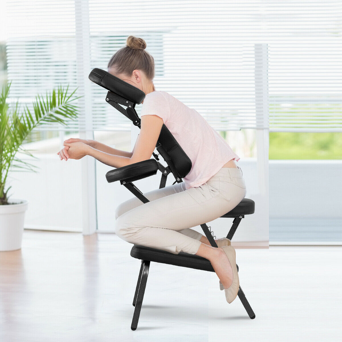 Folding Height Adjustable Massage Chair with Thickened Sponge and Carrying Bag-Black