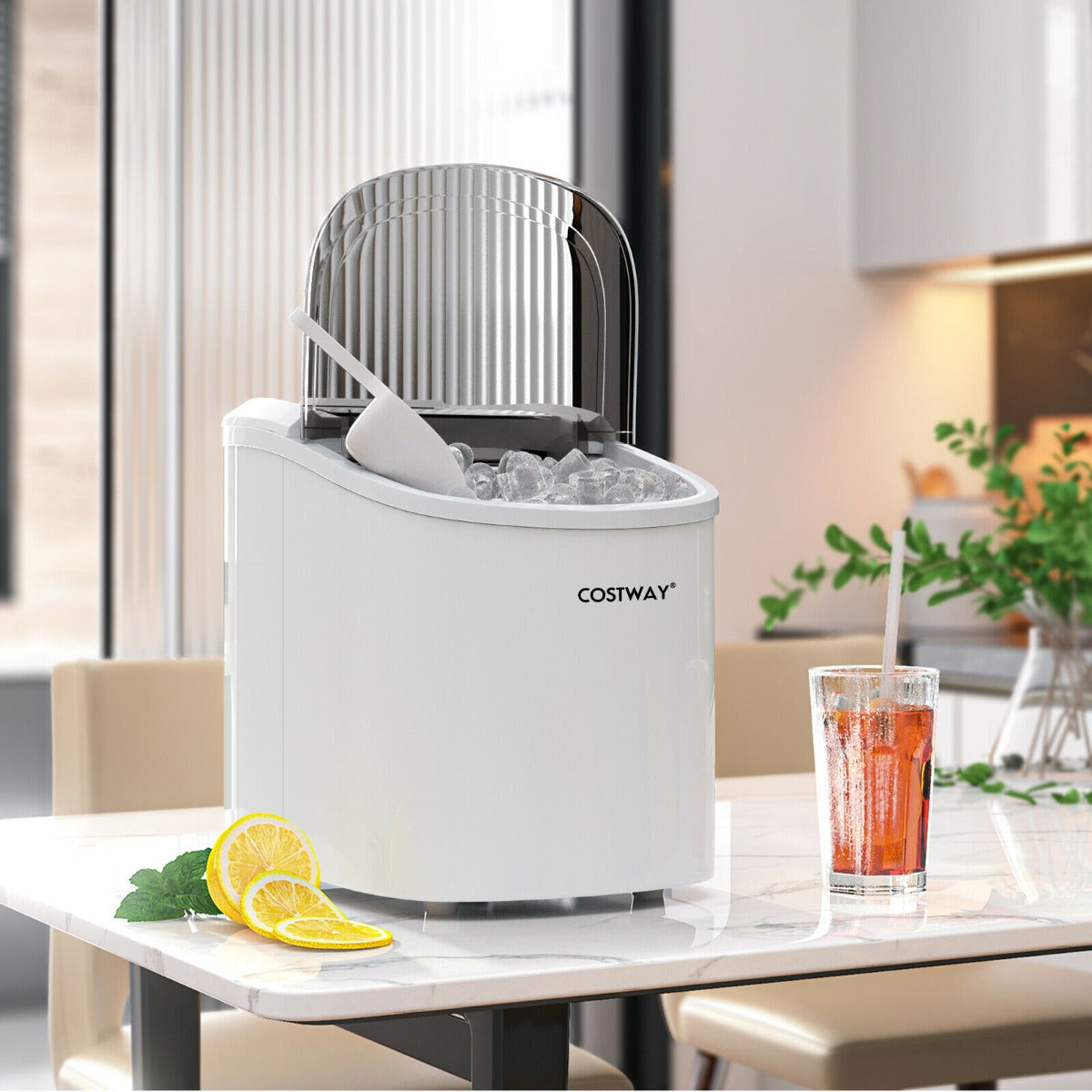 2.2 L Portable Electric Ice Cube Maker with Ice Scoop and Basket-White