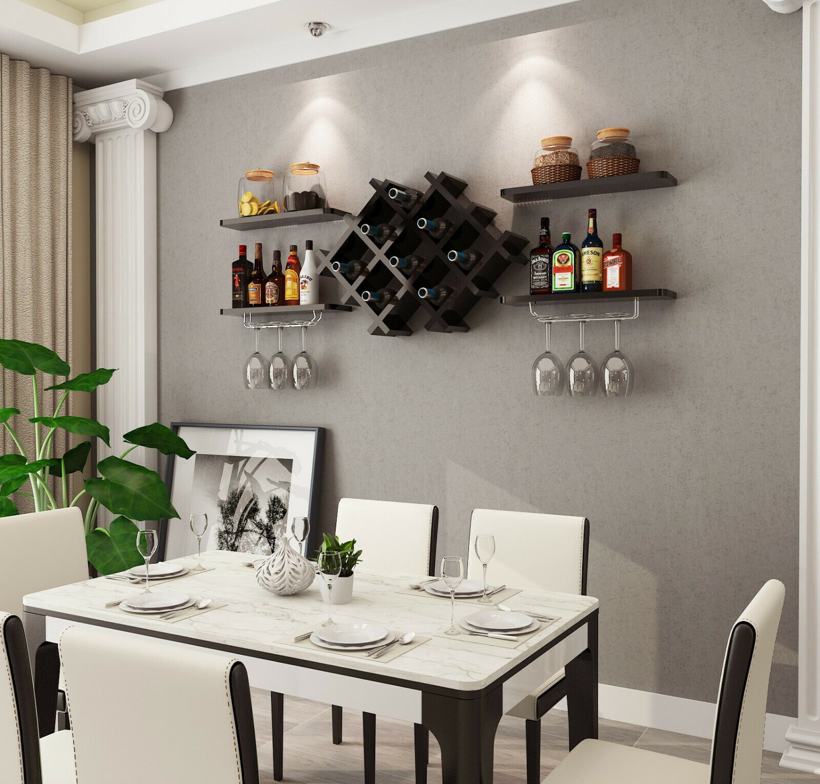 Floating Wall Mounted Wine Rack with Four Separate Shelves, 2 with Glass Storage-Black