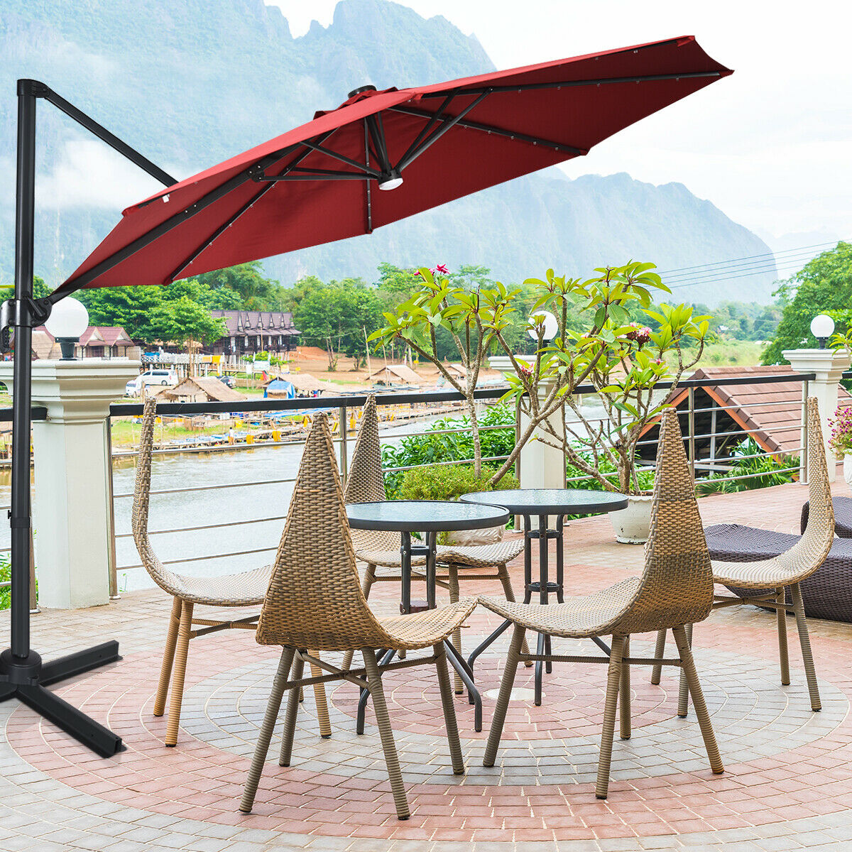 3M Outdoor Parasol Patio Cantilever Umbrella with Solar Lights-Wine