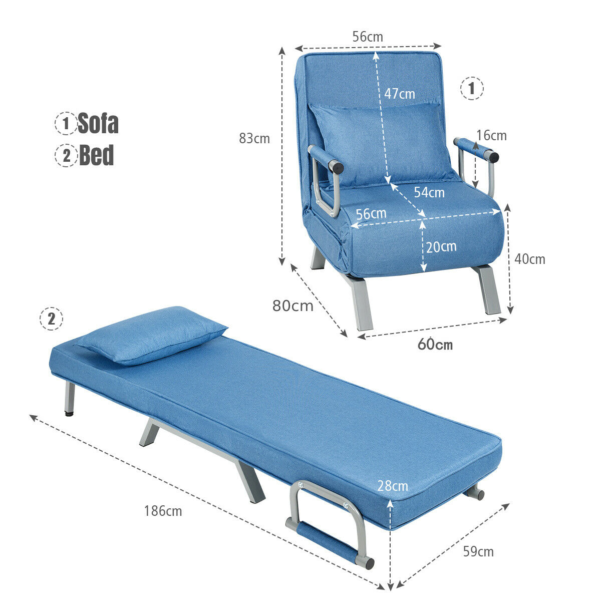Convertible Folding Sofa Bed with 5 Position Recliner-Blue