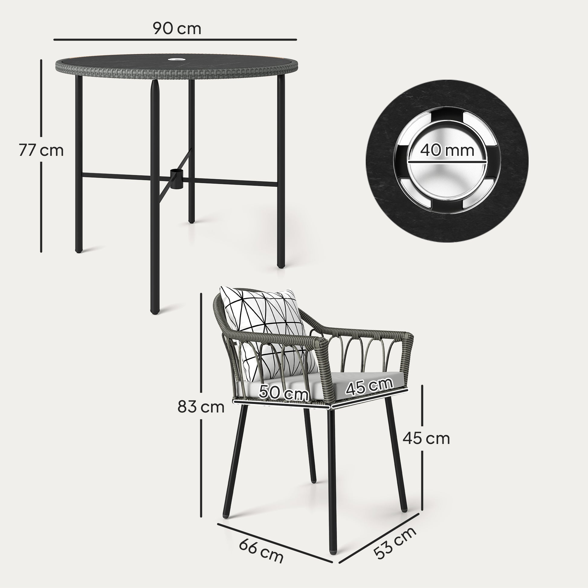 Outsunny 5 Piece Patio Rattan Dining Set, Wicker Garden Table and Chairs w/ Removable Seat & Back Cushions, Round Tempered Glass Tabletop, Parasol Hole, Outdoor Furniture Conservatory Set, Grey