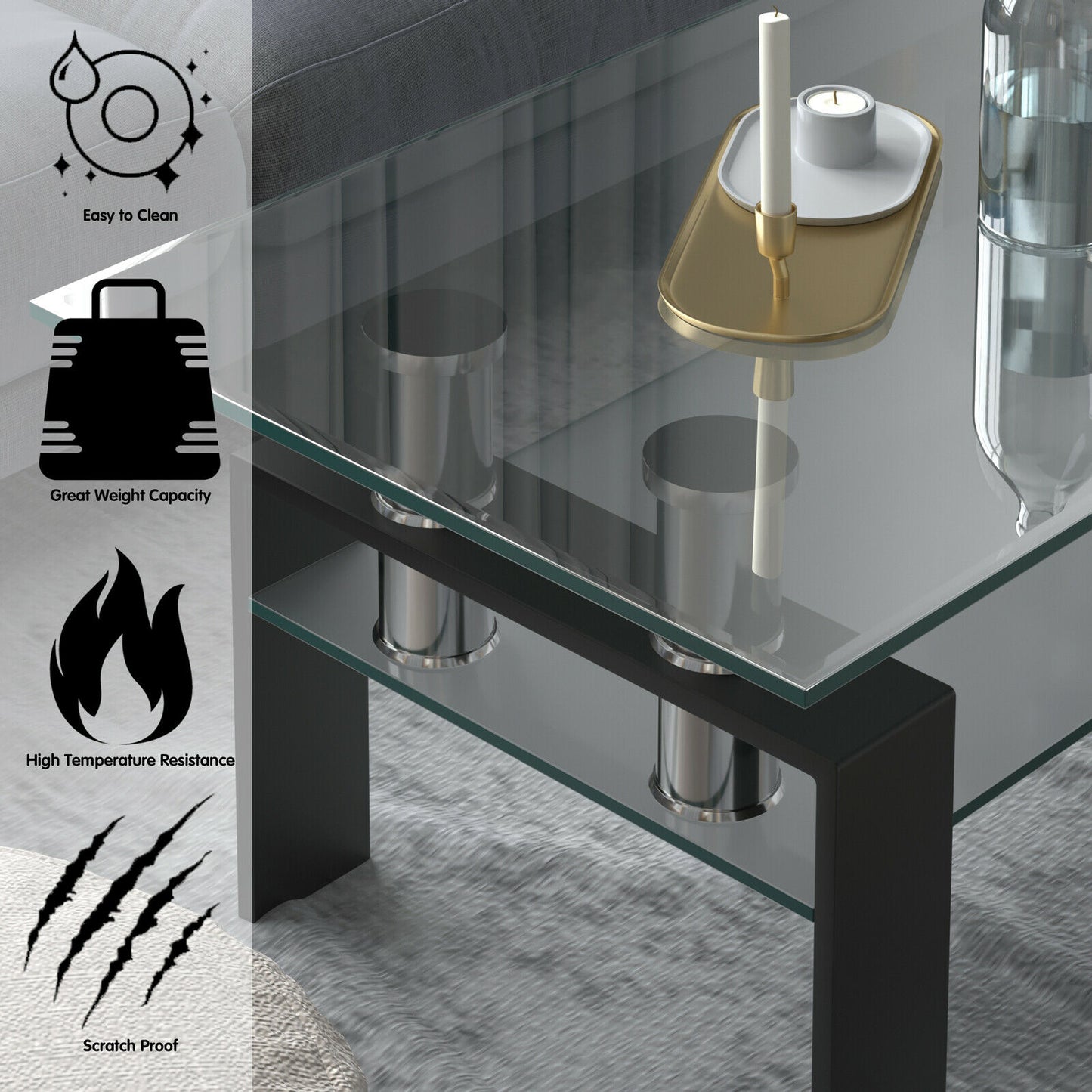 Modern Glass Coffee Tea Table with Open Shelf-Black