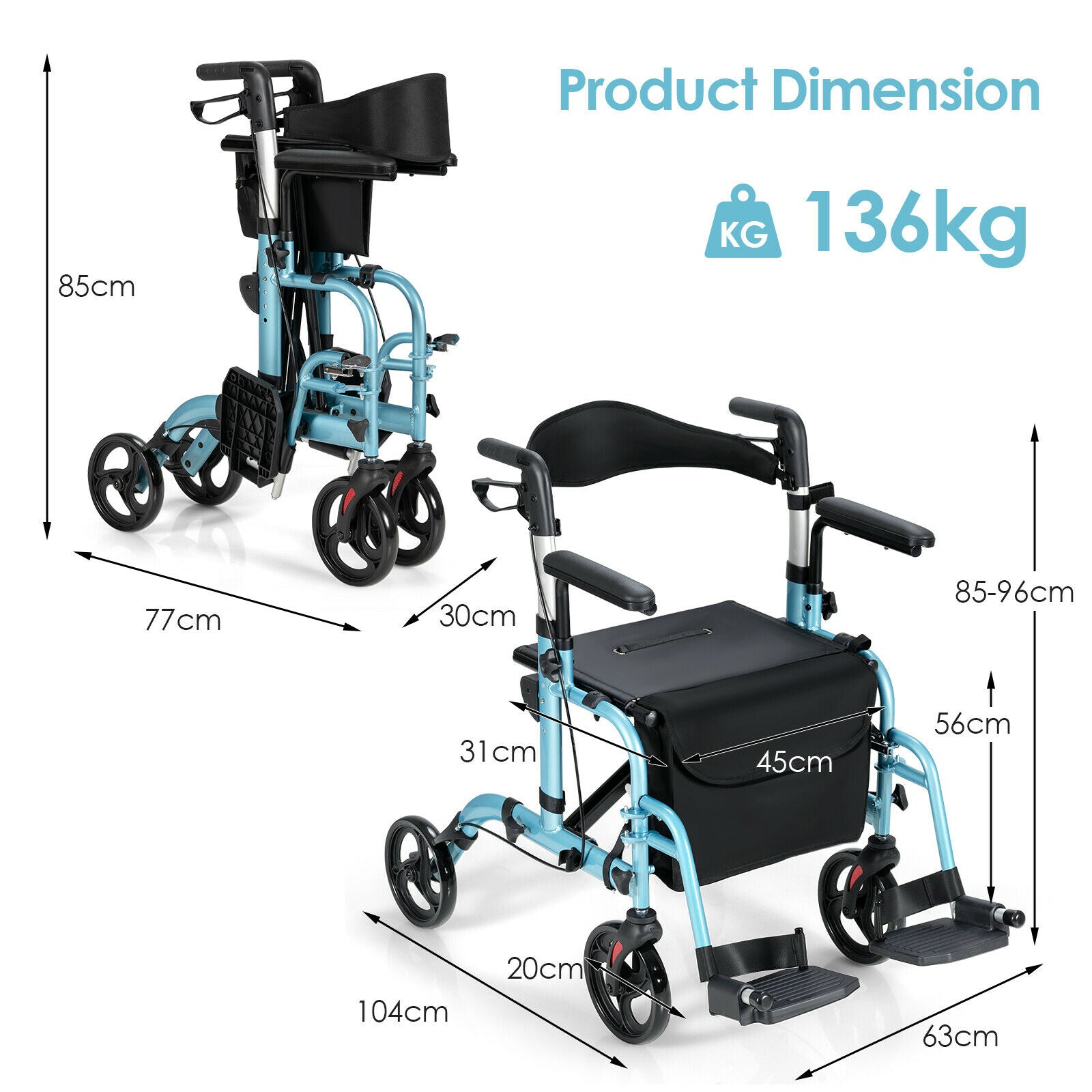 2-In-1 Rollator Walker with Reversible Backrest and Height-Adjustable Handle-Blue