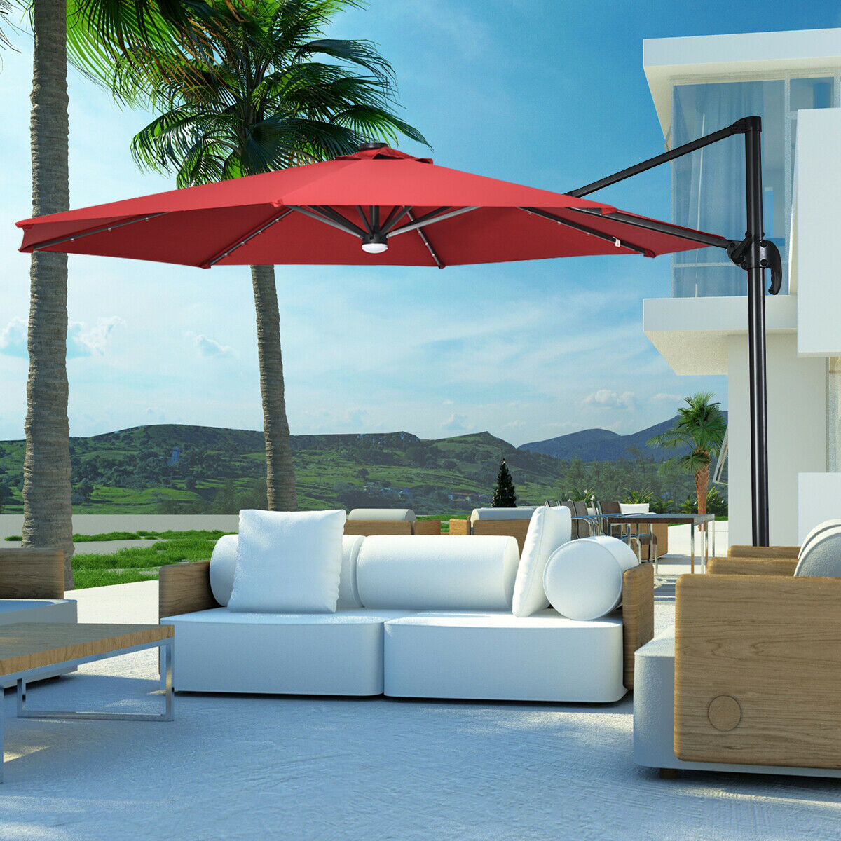 3M Outdoor Parasol Patio Cantilever Umbrella with Solar Lights-Wine