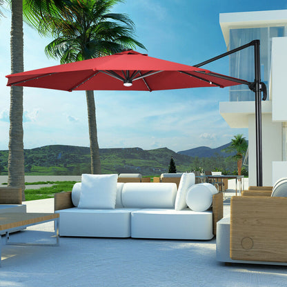 3M Outdoor Parasol Patio Cantilever Umbrella with Solar Lights-Wine