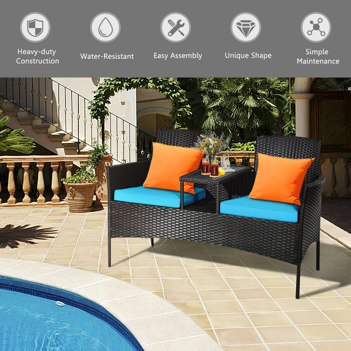 2-Seater Rattan Chair with Coffee Table and Removable Cushion-Turquoise