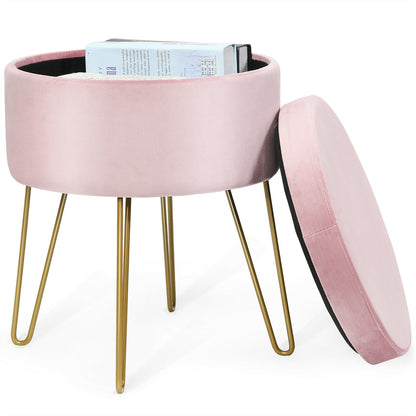 Round Velvet Ottoman Stool with Hairpin Legs-Pink