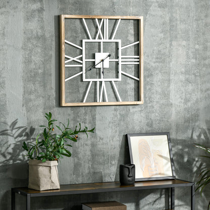 HOMCOM Vintage Large Wall Clock with Roman Numerals, 60cm/24 Inch Silent Non Ticking Metal Wood Clocks for Living Room Kitchen, Distressed White
