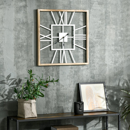 HOMCOM Vintage Large Wall Clock with Roman Numerals, 60cm/24 Inch Silent Non Ticking Metal Wood Clocks for Living Room Kitchen, Distressed White