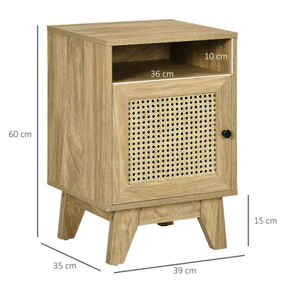 HOMCOM Bedside Table with Rattan Element, Side End Table with Shelf and Cupboard, 39cmx35cmx60cm, Natural