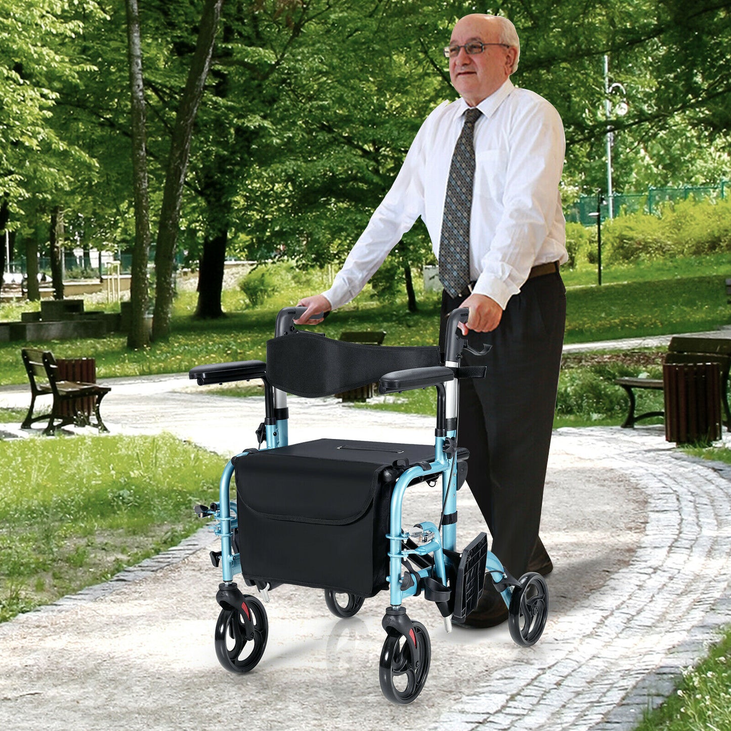 2-In-1 Rollator Walker with Reversible Backrest and Height-Adjustable Handle-Blue