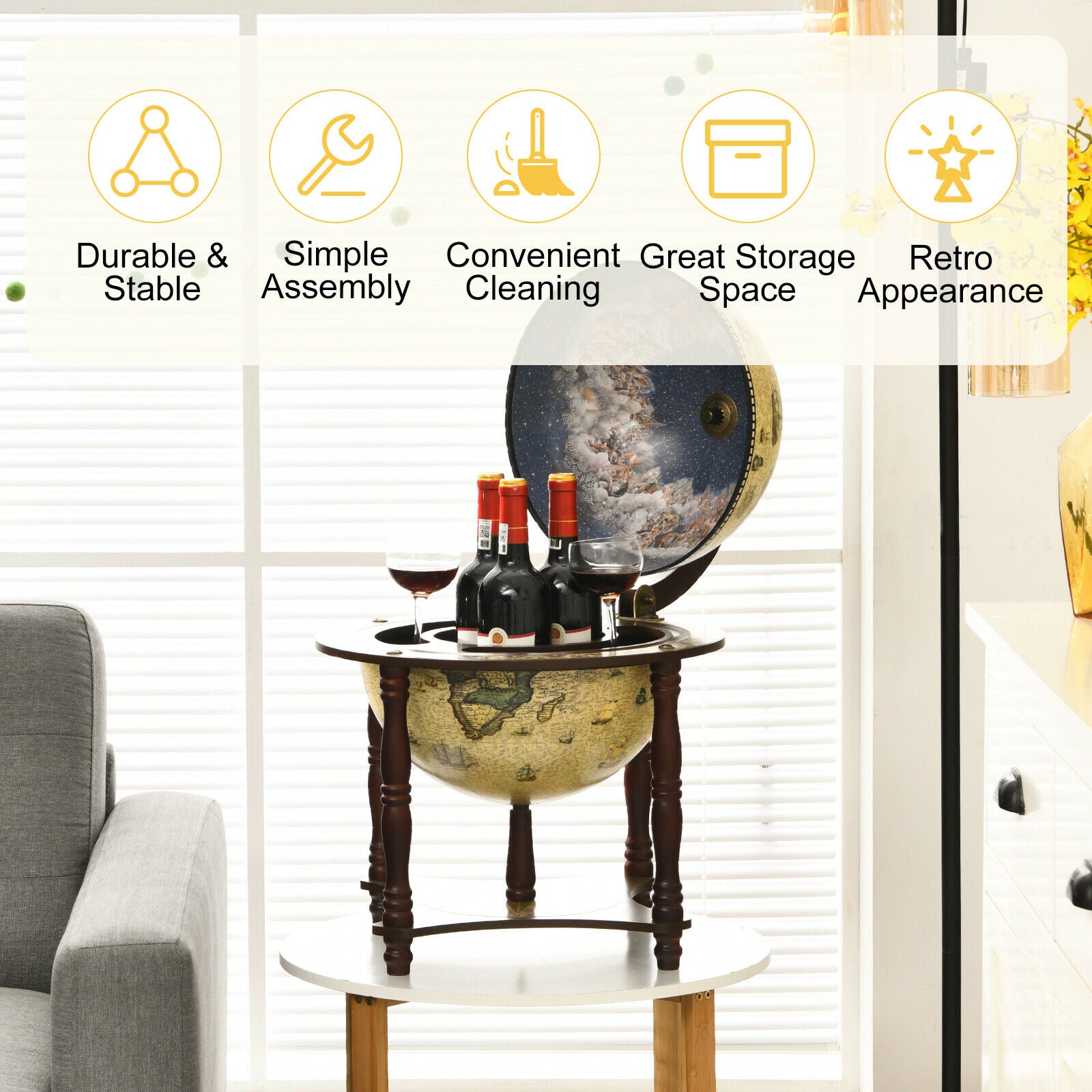Vintage Globe Wine Cabinet with Map Patterns-Cream