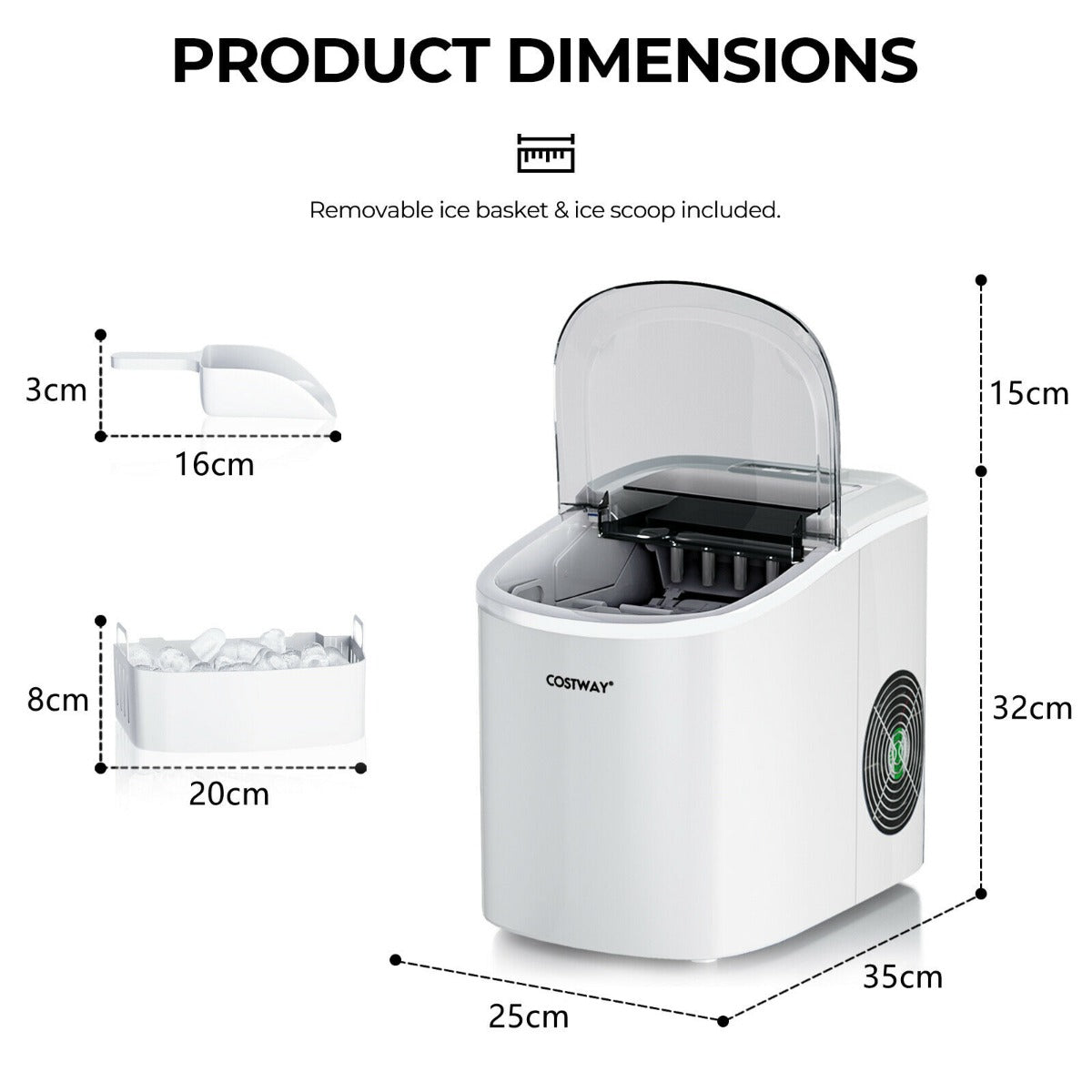 2.2 L Portable Electric Ice Cube Maker with Ice Scoop and Basket-White