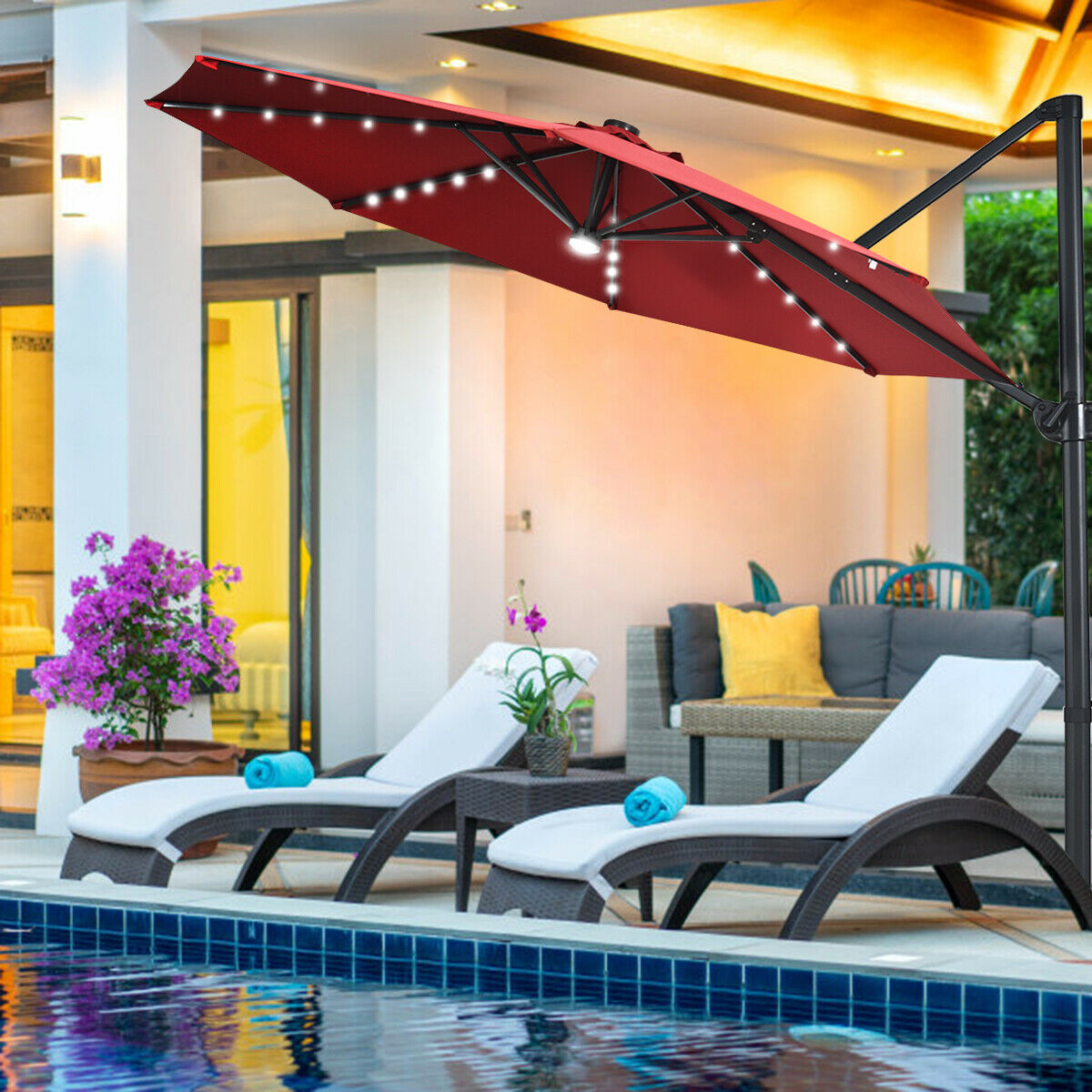 3M Outdoor Parasol Patio Cantilever Umbrella with Solar Lights-Wine