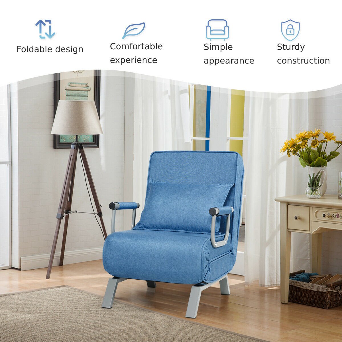 Convertible Folding Sofa Bed with 5 Position Recliner-Blue
