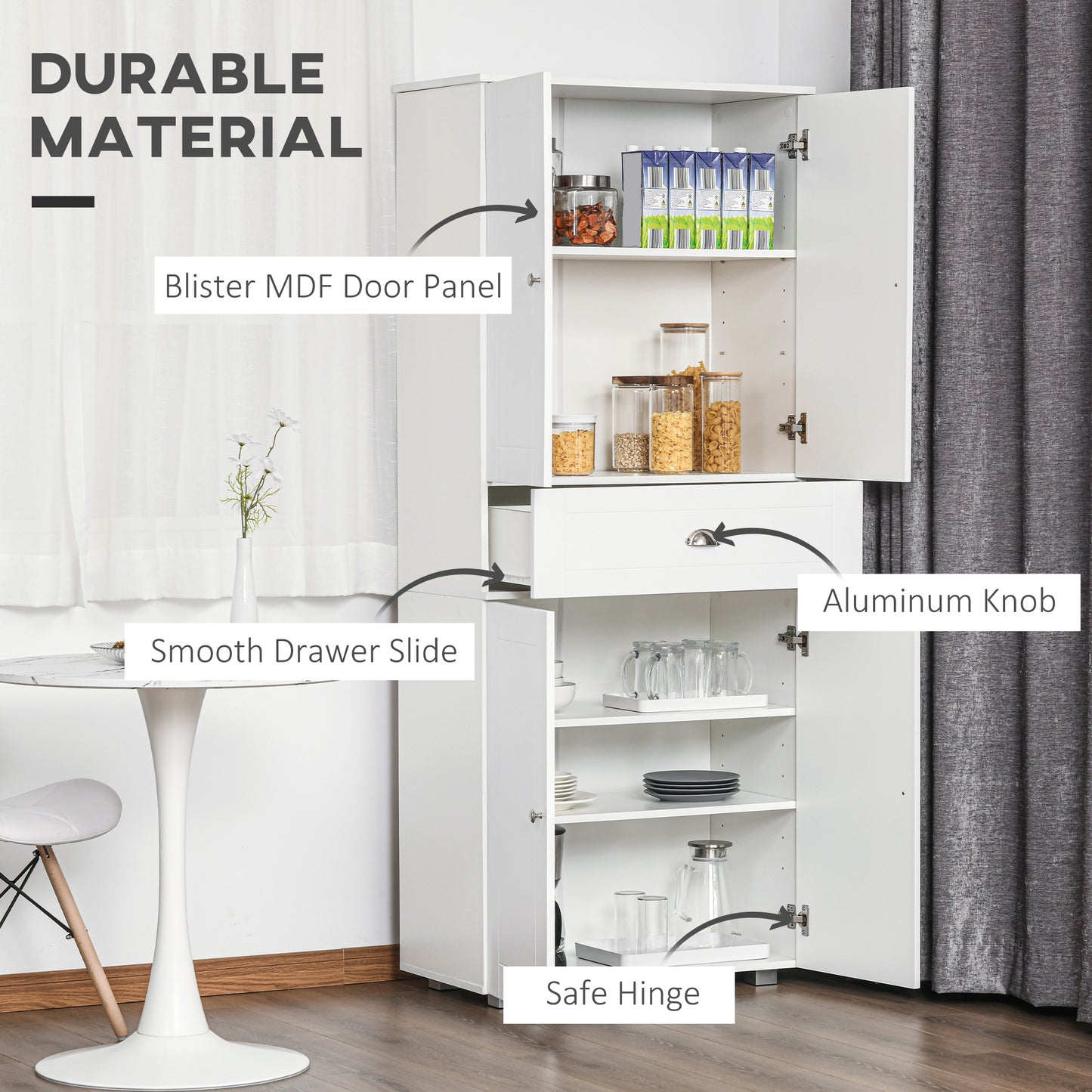 HOMCOM Freestanding Tall Kitchen Cupboard Storage Cabinets with Drawer and 3 Adjustable Shelves for Dining Room, Living Room, White