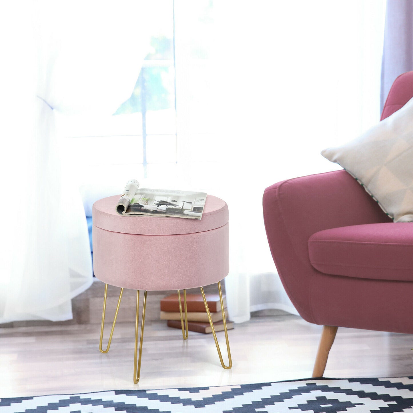 Round Velvet Ottoman Stool with Hairpin Legs-Pink