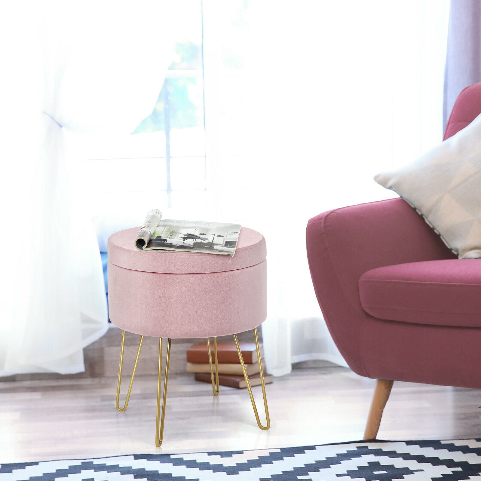 Round Velvet Ottoman Stool with Hairpin Legs-Pink