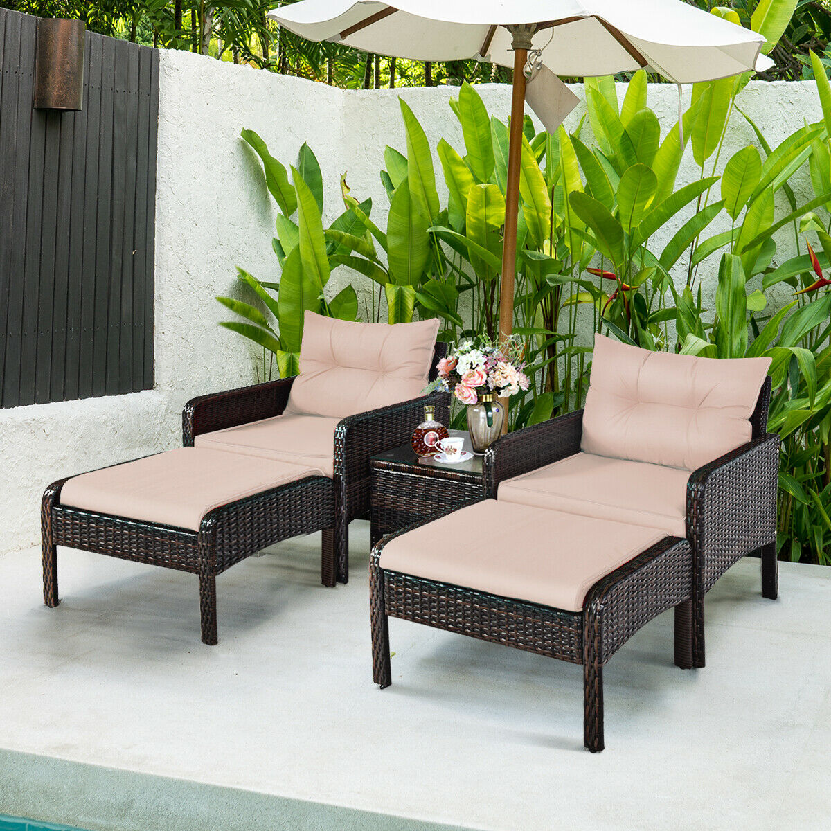 5 Pcs Rattan Sofa Cushioned Wicker Lounge Set
