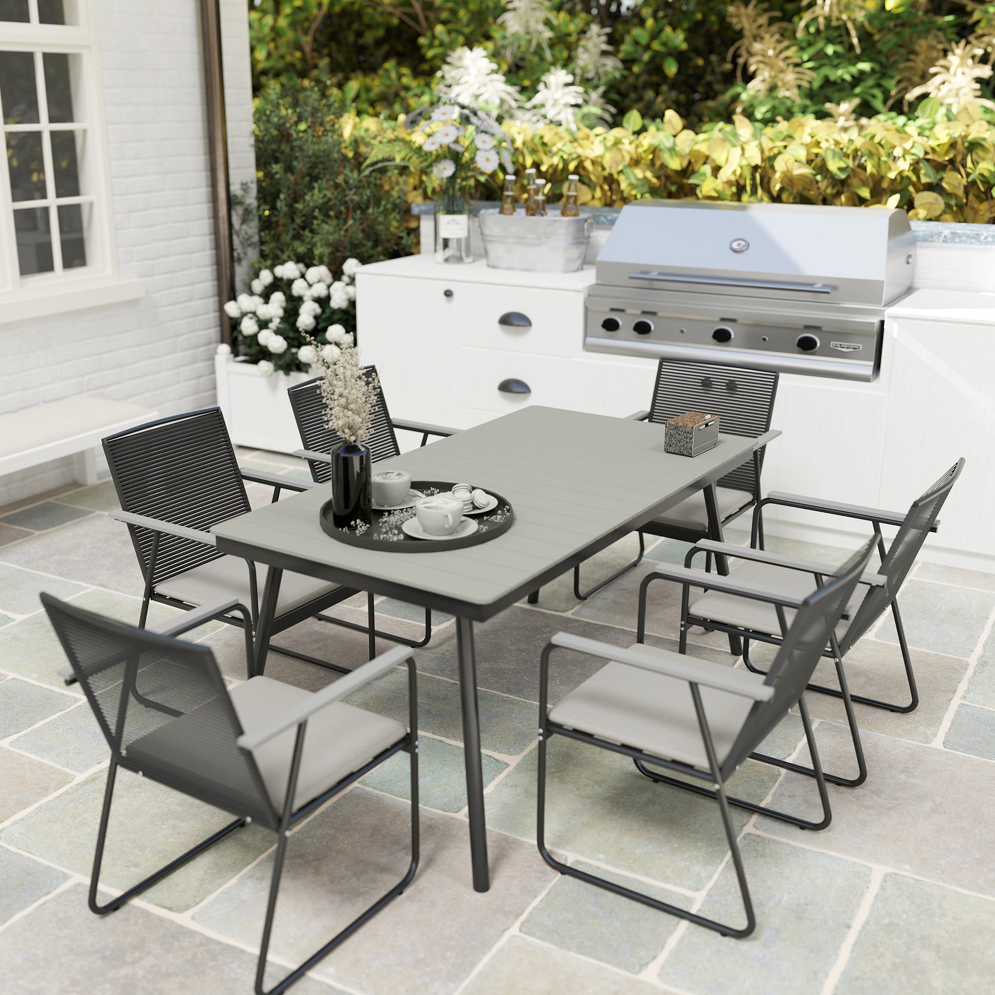 Outsunny 6 Seater Garden Dining Set with Soft Cushions, Rattan Backrest, Rectangular Plastic Top, Garden Furniture Set, Outdoor Dining Table and Chairs for Patio, Balcony, Poolside, Grey
