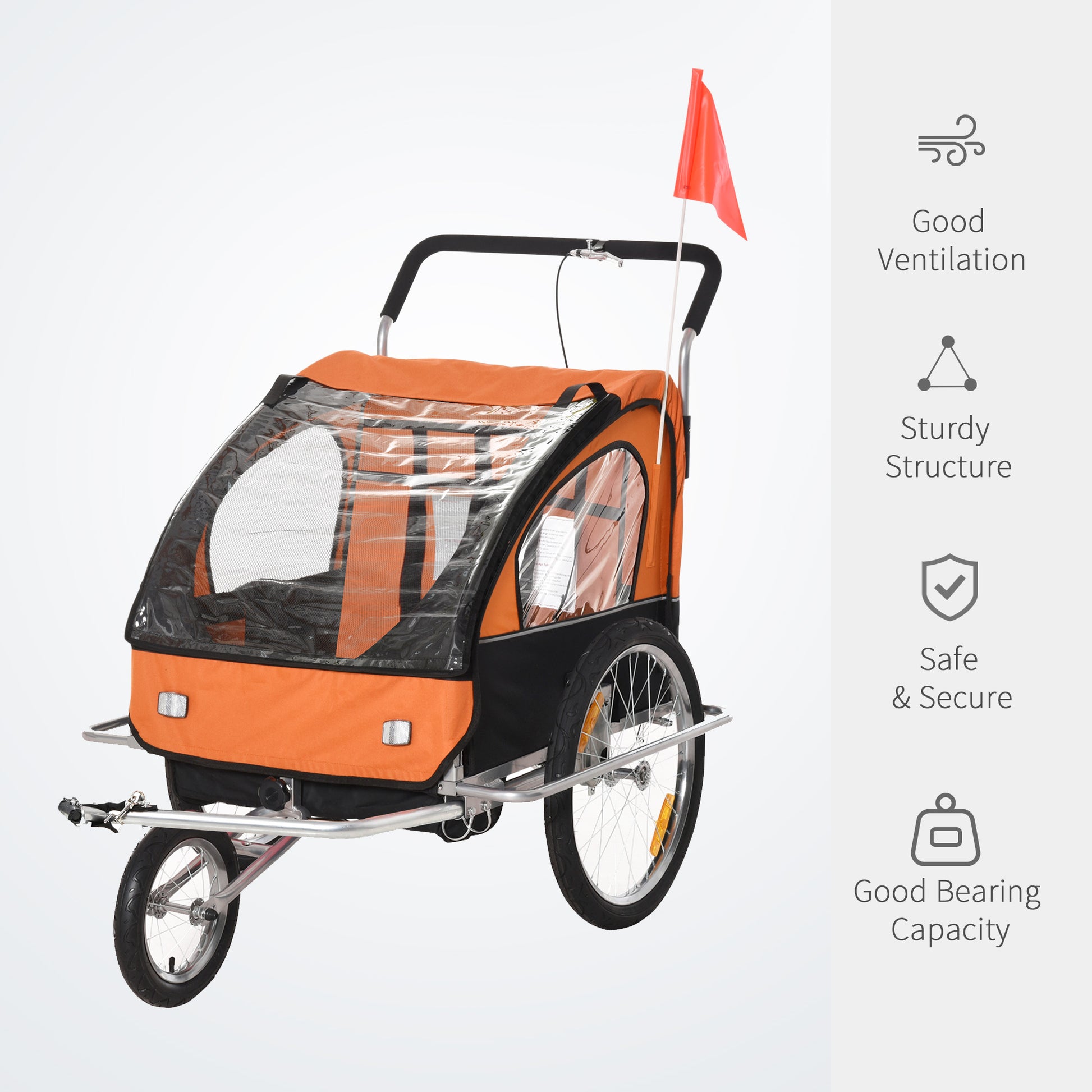 HOMCOM Collapsible Bike Trailer 2-Seater for Baby Bicycle with Pivot Wheel Suitable For 18 Month + Child Orange