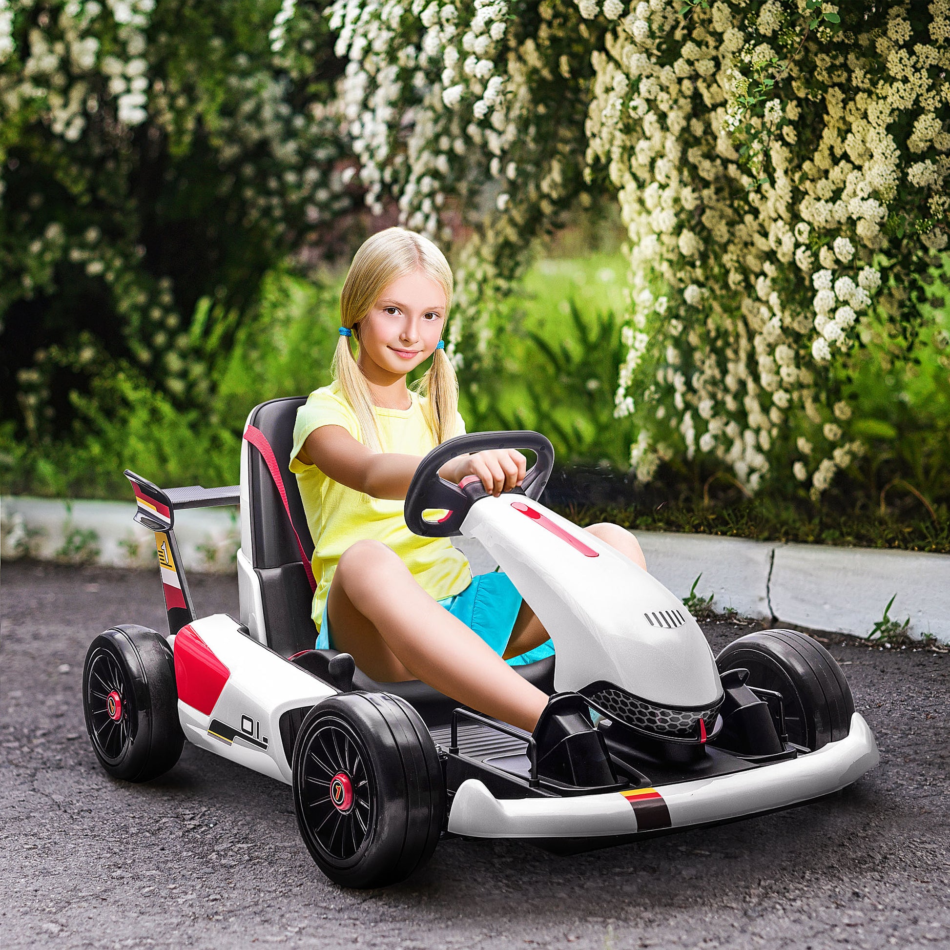 HOMCOM Electric Go Kart with Adjustable Footrest, Reversing Steering Wheel, Kids Ride-On Racing Go Kart with 12V Rechargeable Battery 2 Speeds White