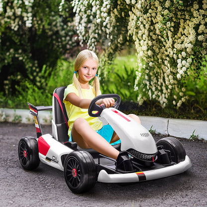 HOMCOM Electric Go Kart with Adjustable Footrest, Reversing Steering Wheel, Kids Ride-On Racing Go Kart with 12V Rechargeable Battery 2 Speeds White