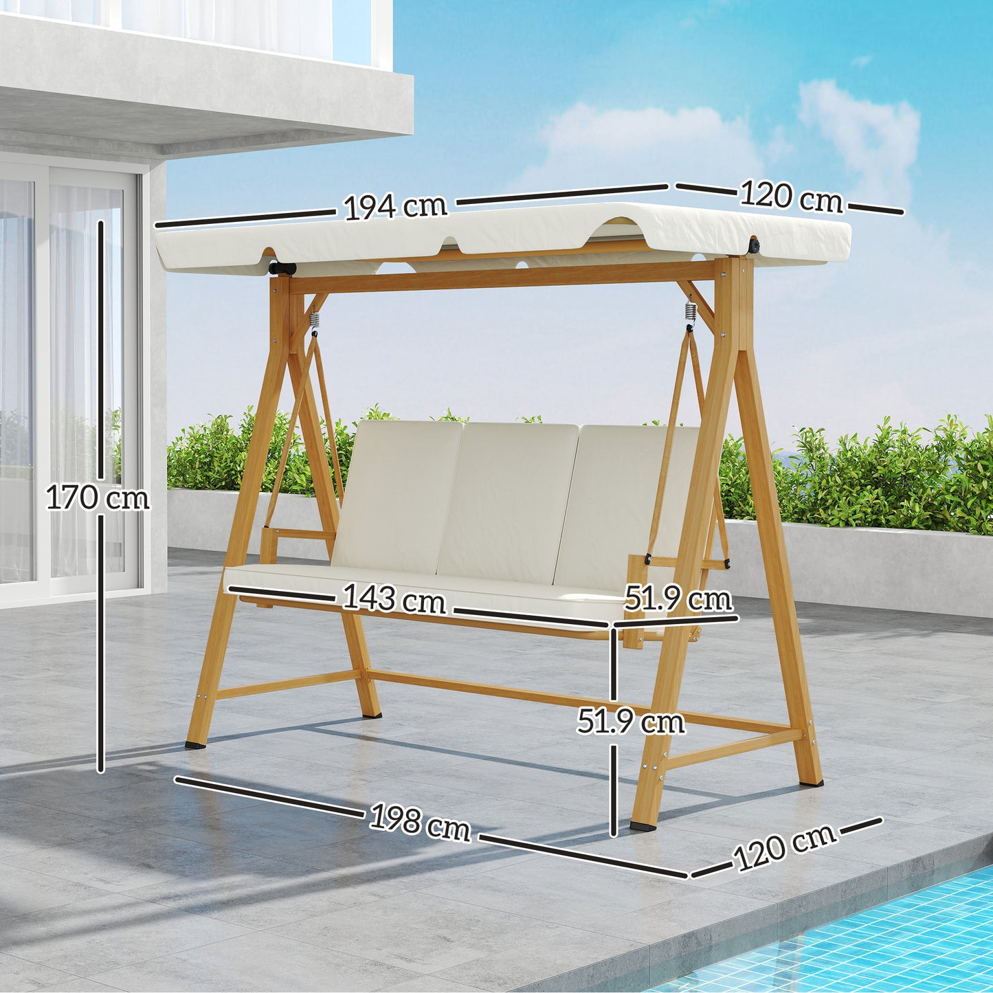 Outsunny Three-Seater Garden Swing Bench, with Adjustable Canopy - Beige