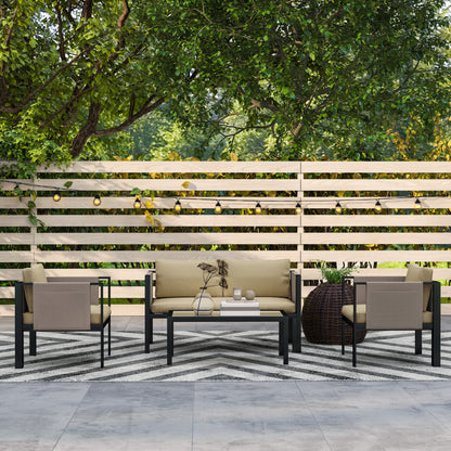 Outsunny 4 Piece Metal Garden Furniture Set with Tempered Glass Coffee Table, Texteline Pocket, Outdoor Set Loveseat Single Armchairs with Padded Cushions, Khaki