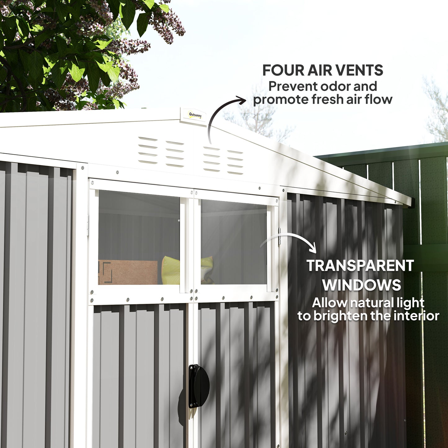 Outsunny 8 x 4 ft Metal Garden Shed, Garden Storage Shed with Window, 4 Vents and Lockable Door, Waterproof Galvanised Steel Tool Storage Shed, Light Grey