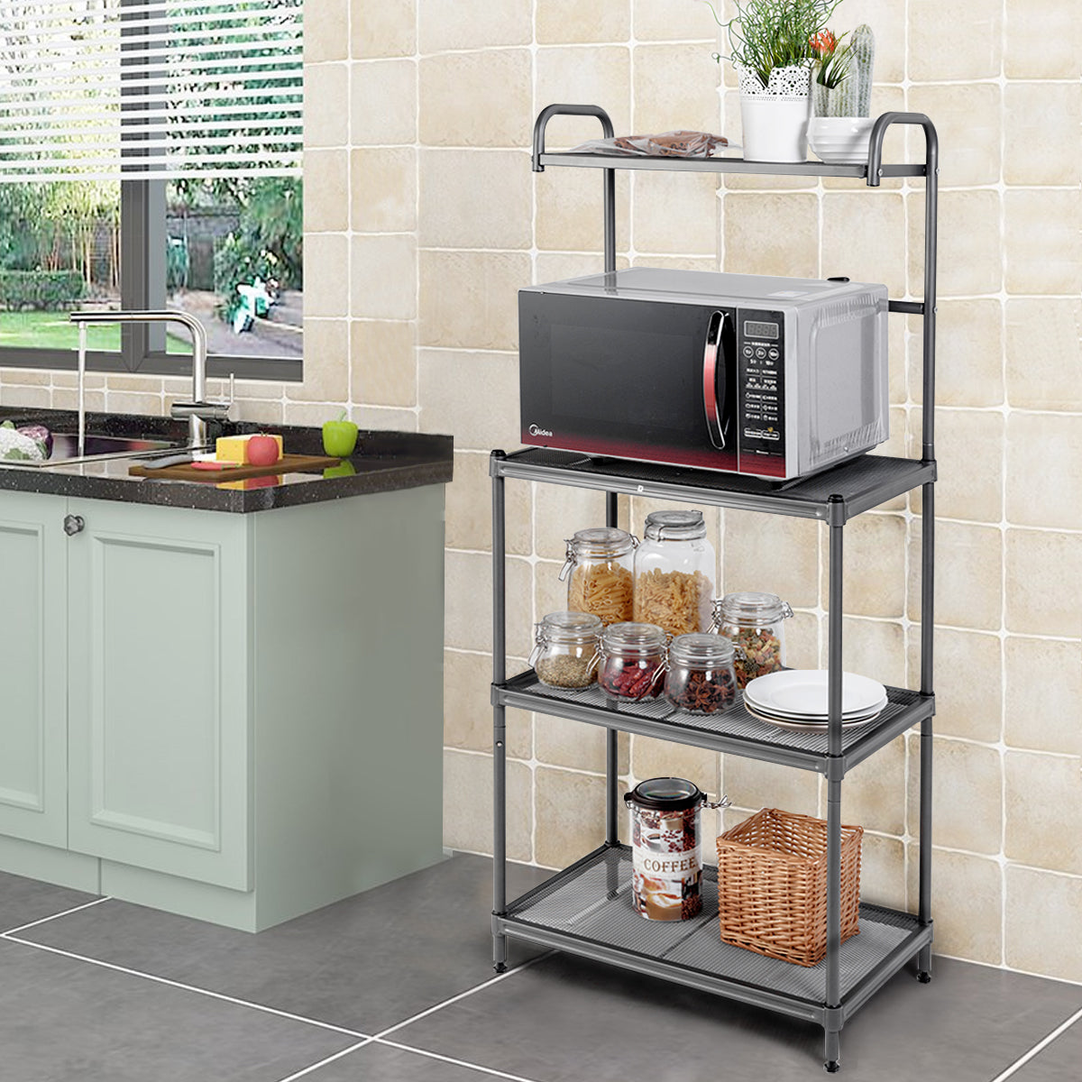 4-Tier Microwave Oven Shelf with Foot Pads and Adjustable Height-Grey