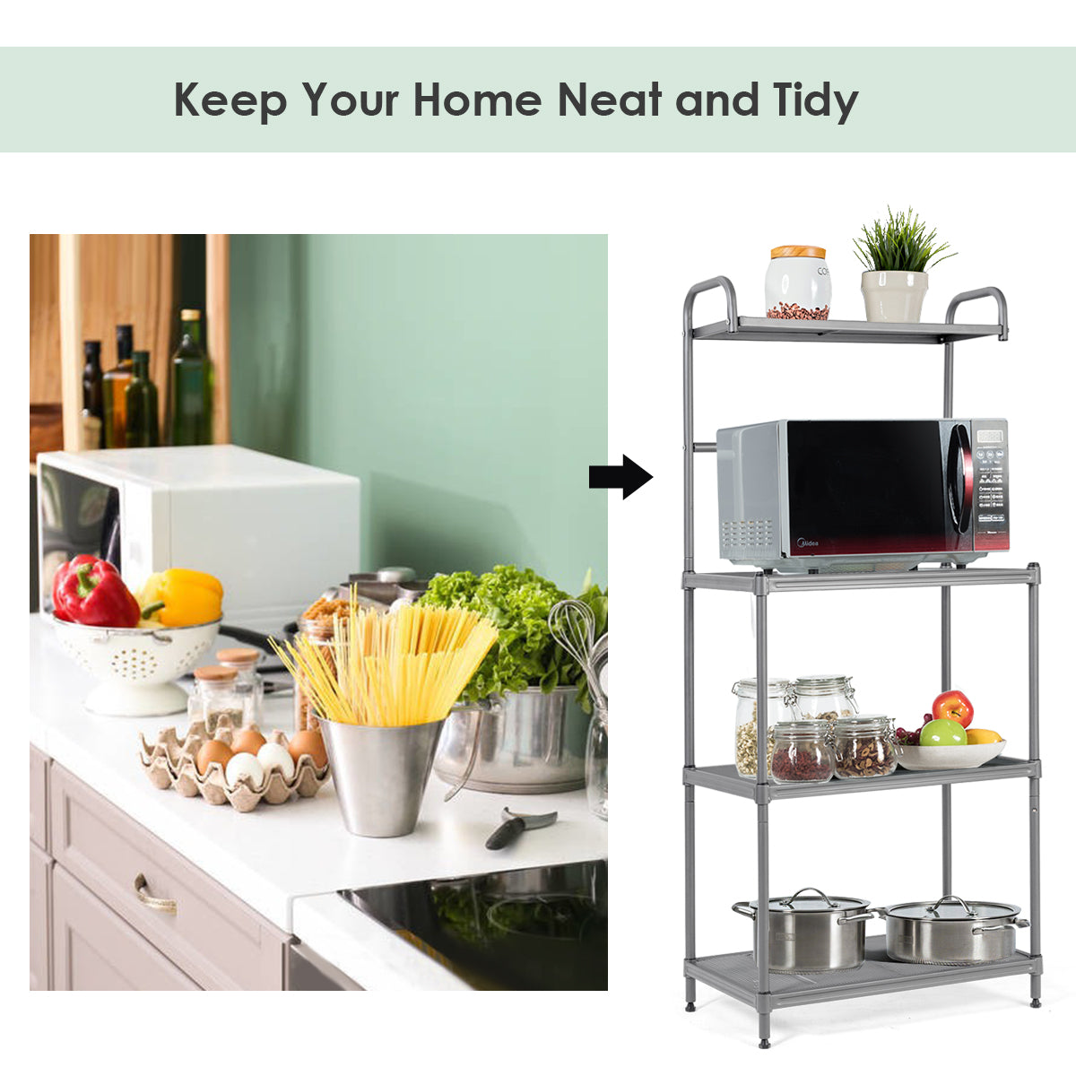 4-Tier Microwave Oven Shelf with Foot Pads and Adjustable Height-Grey