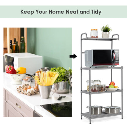 4-Tier Microwave Oven Shelf with Foot Pads and Adjustable Height-Grey