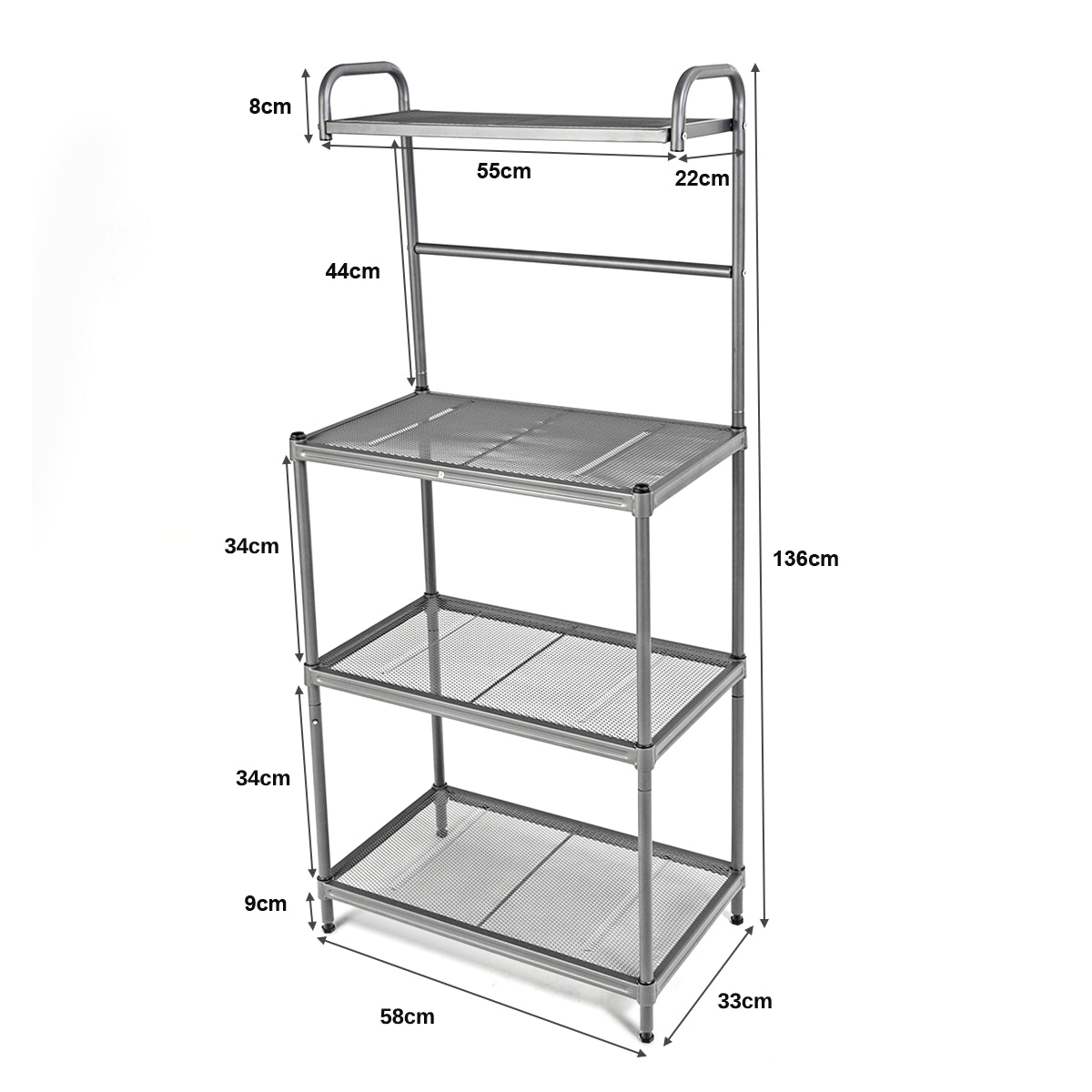 4-Tier Microwave Oven Shelf with Foot Pads and Adjustable Height-Grey