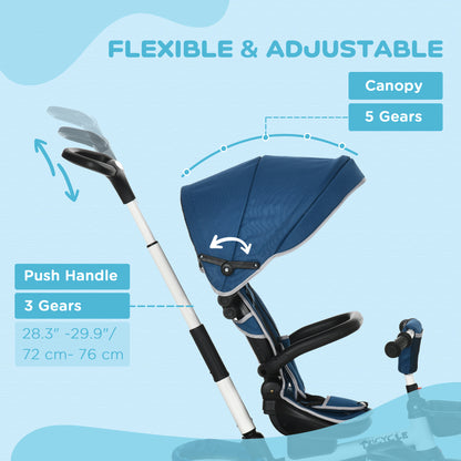 HOMCOM 7-in-1 Tricycle 3 Wheels Pedal Trike w/ Rotatable Seat and Safety Harness for Ages 12-50 Months Kids, Baby, Blue