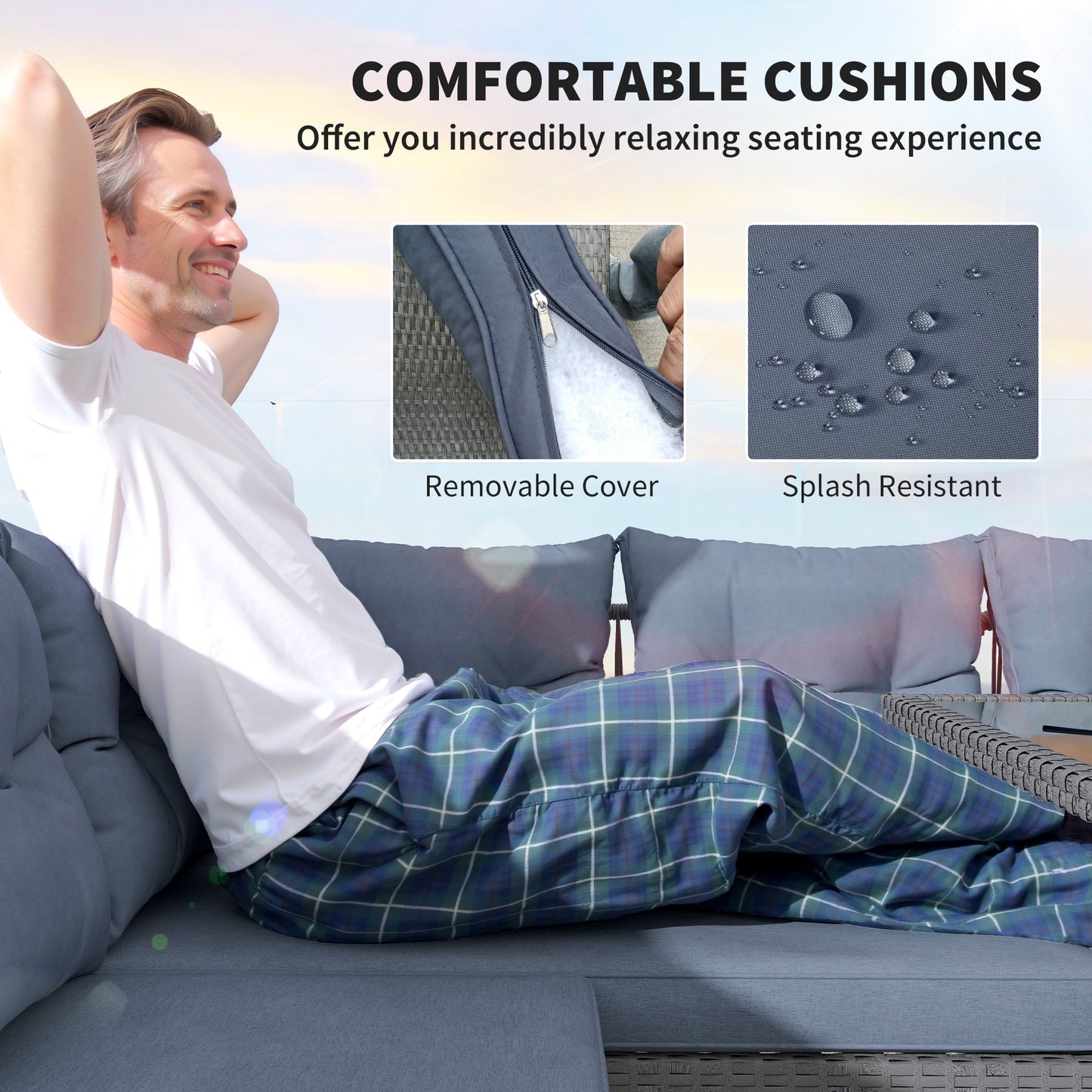 Outsunny 6 Piece Rattan Garden Furniture Set, 8 Seater Garden Corner Sofa with Cushions and Glass Top Table, Sectional Outdoor Furniture Conservatory Set for Patio, Charcoal Grey