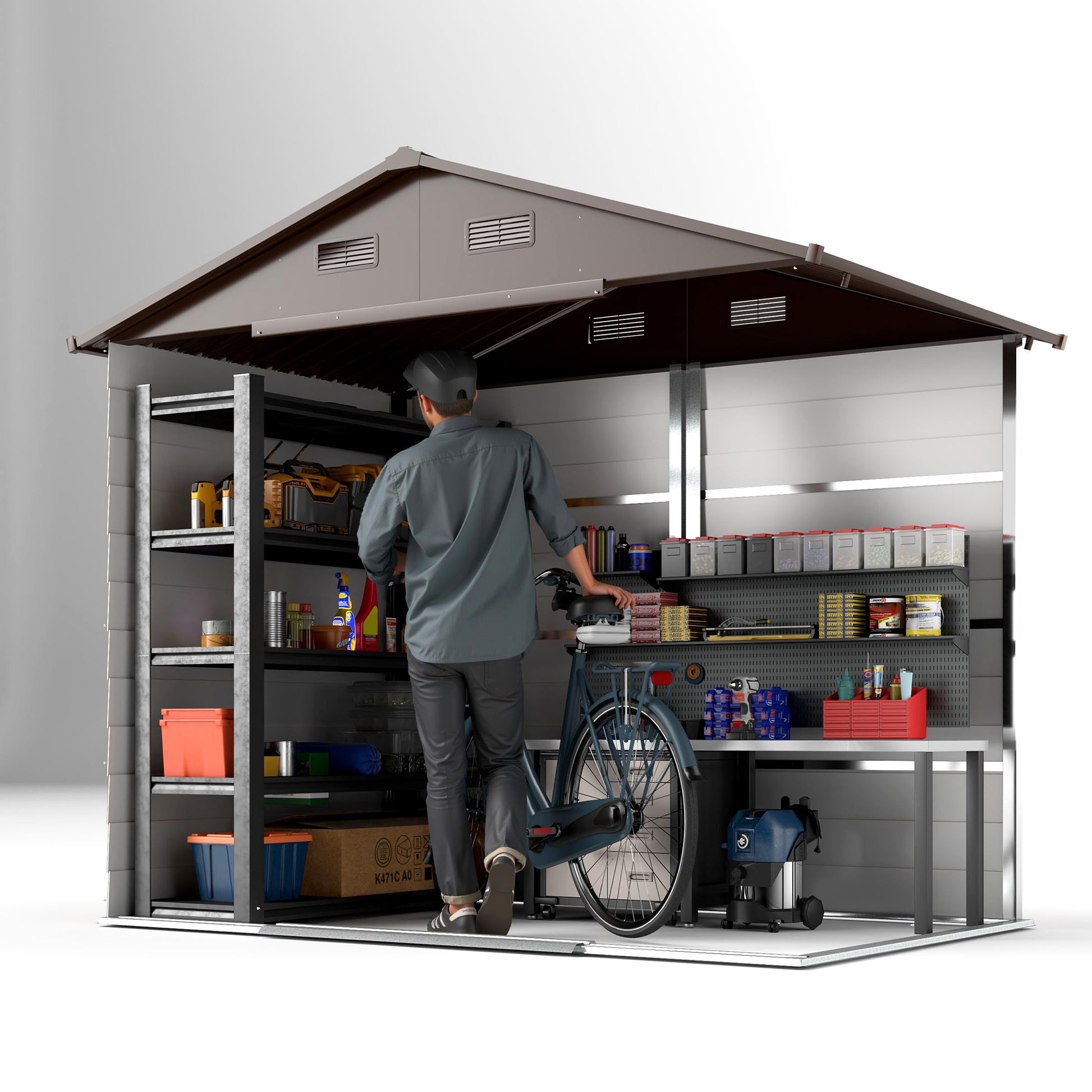 Outsunny 8 x 6ft Garden Storage Shed with Sliding Door - Brown Wood Effect