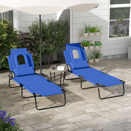 Outsunny Outdoor Folding Sun Lounger Set of 2 with Face Hole, 4 Level Adjustable Backrest Reclining Garden Lounger, Garden Recliner Sunbed with 600 D Oxford Cloth Seat and Pillow for Beach, Blue
