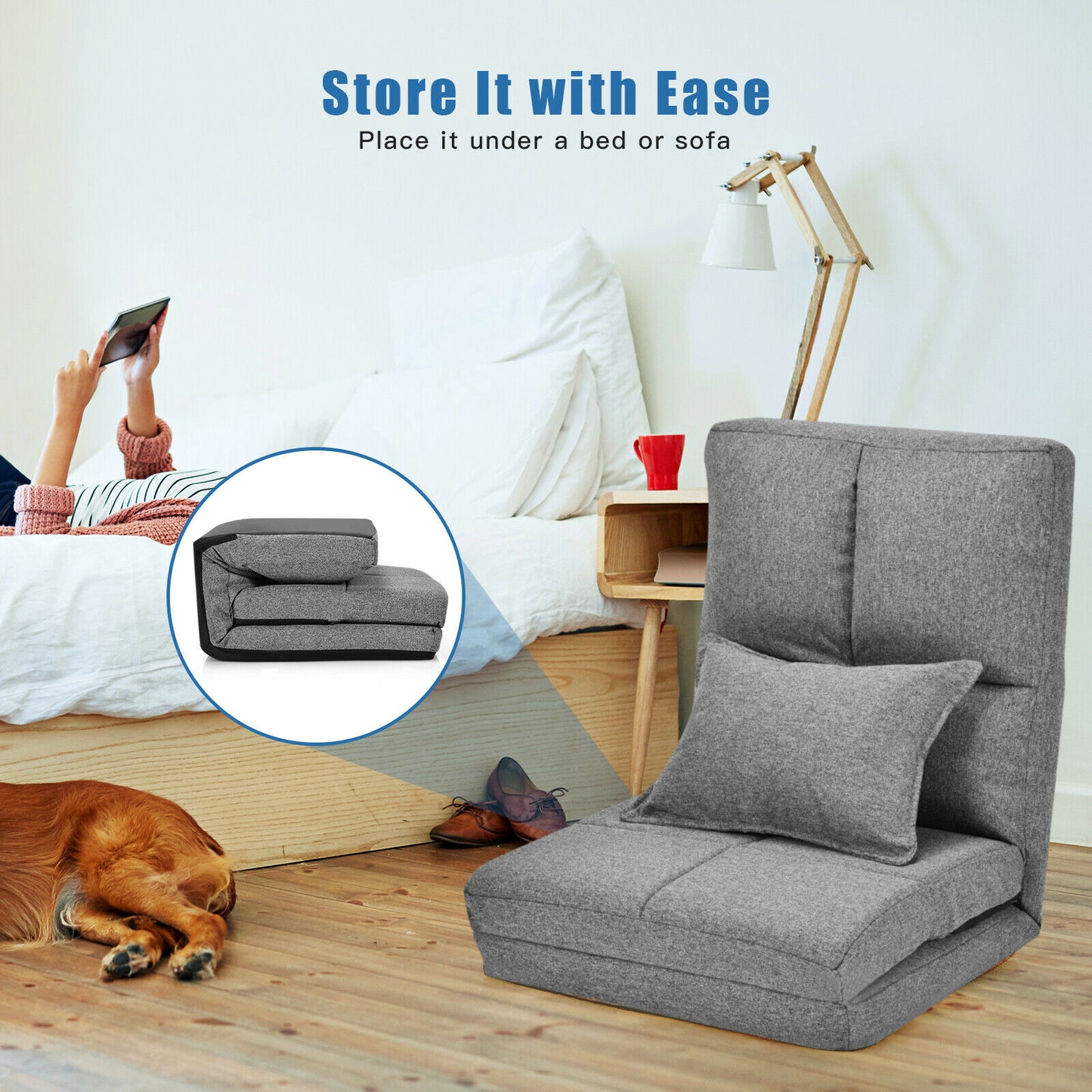 Folding Lazy Floor Sofa Bed with Pillow-Grey
