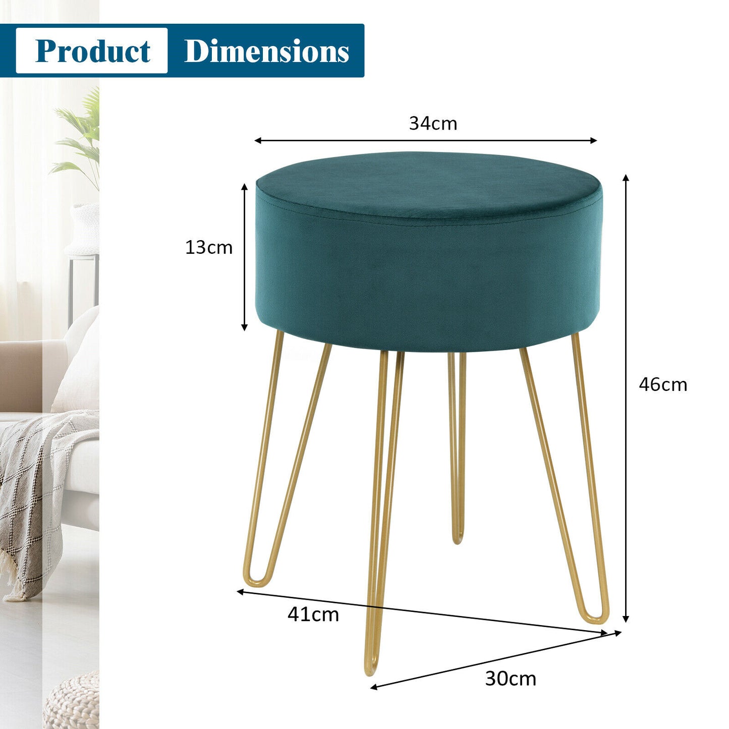 Round Velvet Stool with Hairpin Legs-Dark Green