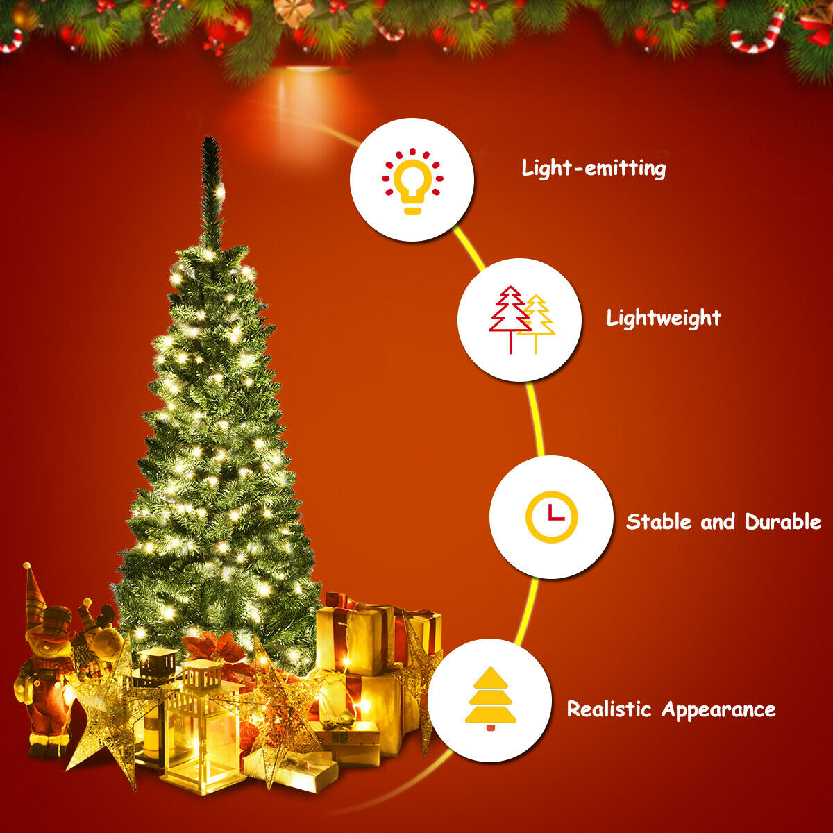 Artificial Pencil Christmas Tree with LED Lights in 3 Sizes-6.5FT