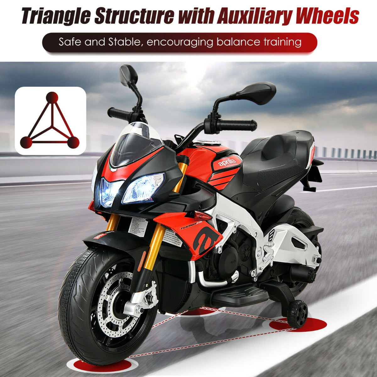 Kids 12v Electric Aprilia Licensed Motorbike with LED Lights and Music-Red