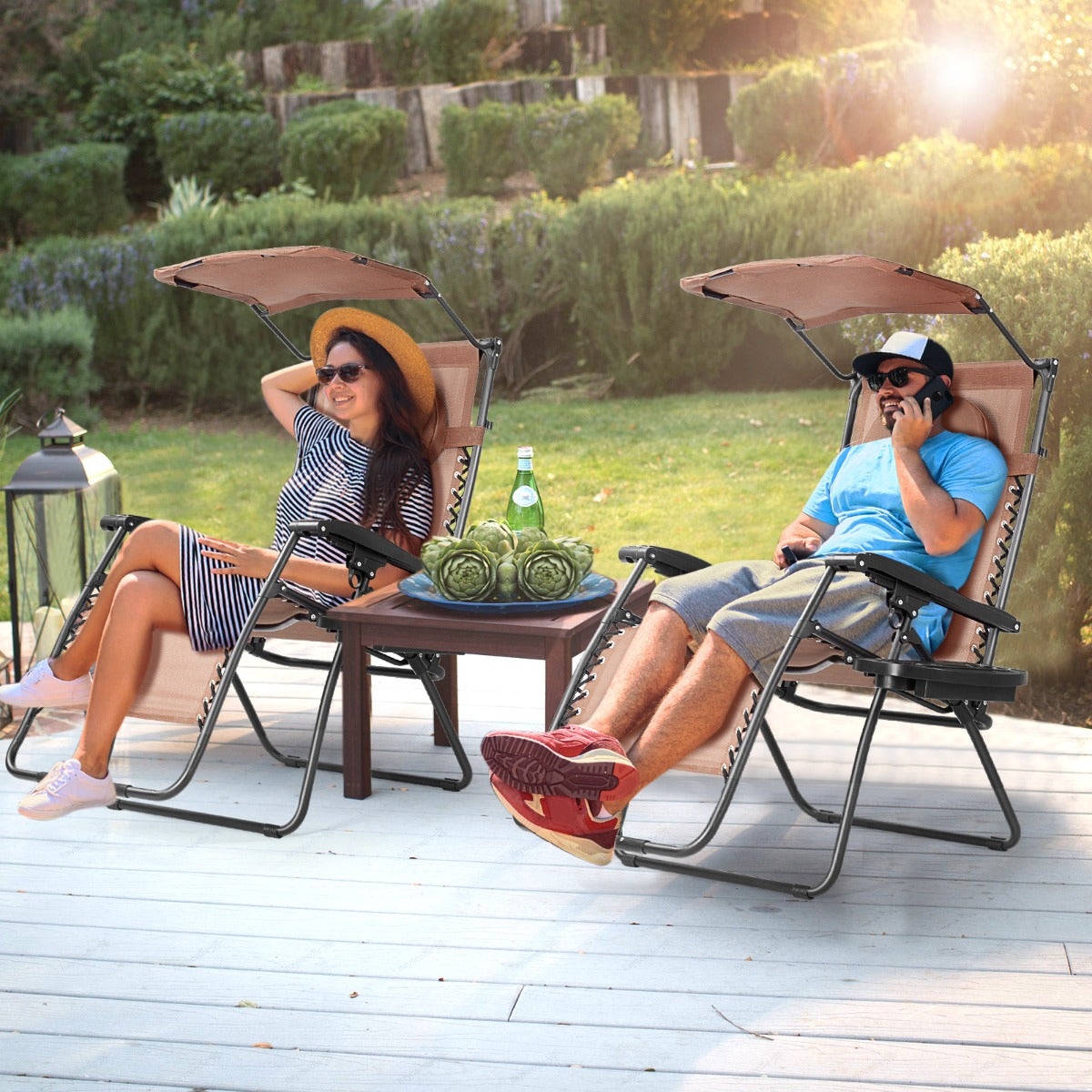 Oversized Folding Zero Gravity Recliner with Adjustable Canopy Shade-Coffee