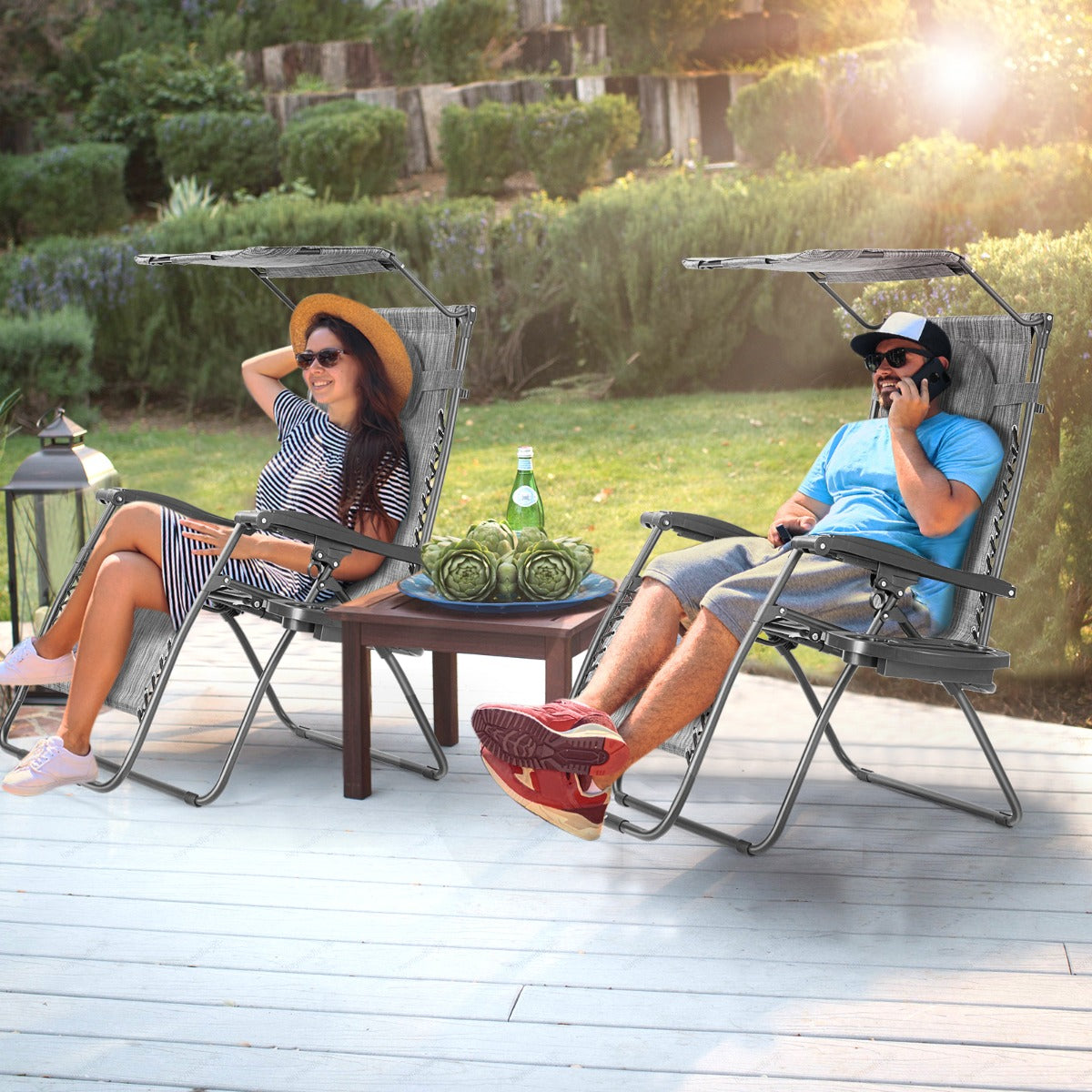Oversized Folding Zero Gravity Recliner with Adjustable Canopy Shade-Grey