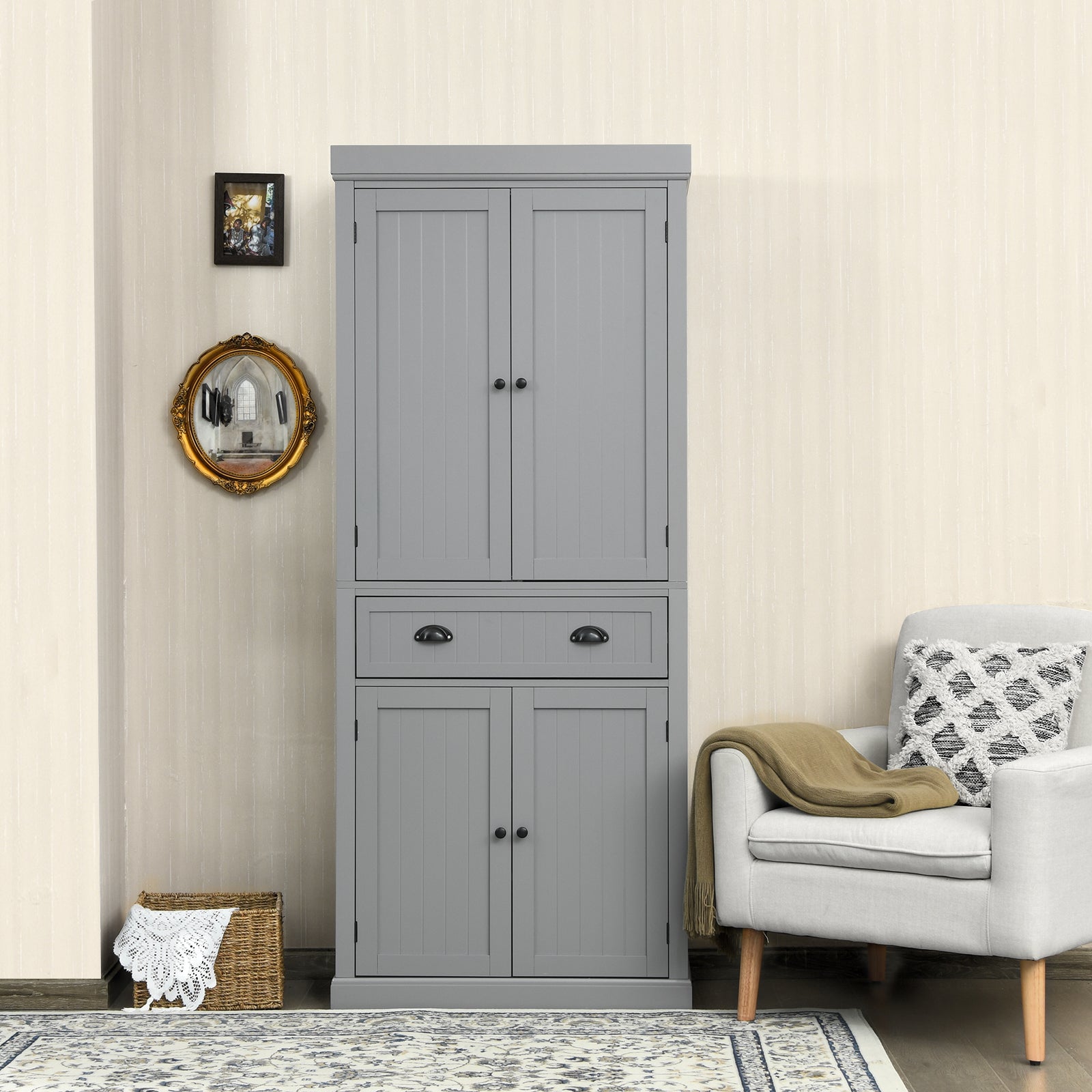 4-Door Tall Kitchen Cupboard Adjustable Shelves and Drawer-Grey ...
